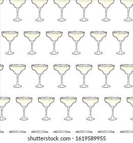 Margarita Cocktail seamless pattern. Hand drawing sketch outlines on white background can be printed on textile, wallpaper, wrapping paper, greeting cards, used in logo, banner, landing page. Vector