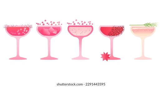 Margarita cocktail set. Alcohol drink with flowers, spices and ice cubes. Refreshing pink drink. Soft liquid for bar. Flat vector illustration with texture and gradient