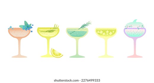 Margarita cocktail set. Alcohol Drinks for holidys and events. Vector gradient flat illustration. Gin tonic with fruits and decoration. Textured effect in illustration