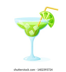 Margarita cocktail with a slice of lime. A glass of refreshing drink isolated on white background. Vector illustration.