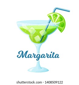 Margarita cocktail with a slice of lime. A glass of refreshing drink isolated on white background. Vector illustration.