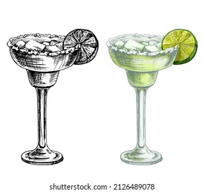 Margarita cocktail with slice lime, ice cube and salt. Vintage hatching vector color illustration. Isolated on white background