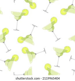 Margarita cocktail with slice of lime realistic vector background. Alcohol drink seamless pattern.