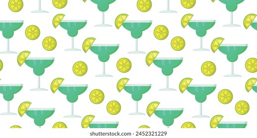 Cóctel de Margarita con rebanada de fondo de Vector de cal. Bebida de alcohol patrón sin fisuras. Ilustración vectorial