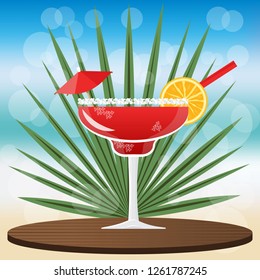 Margarita cocktail strawberry cocktail on wooden classic  tray to place your product, on blurred background with bokeh vector illustration for web and print, invitation 