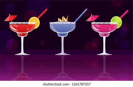 Margarita cocktail strawberryBlueberry Margarita Cocktail and Fresh Blackberry Margarita cocktails on black and purple mirrored bokeh background. Vector illustration for web and print party invitation