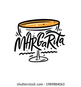 Margarita cocktail text name. Black color lettering. Line art vector illustration. Isolated on white background.