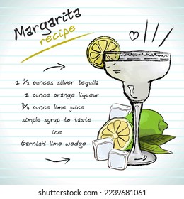 Margarita cocktail, vector sketch hand drawn illustration, fresh summer alcoholic drink with recipe and fruits