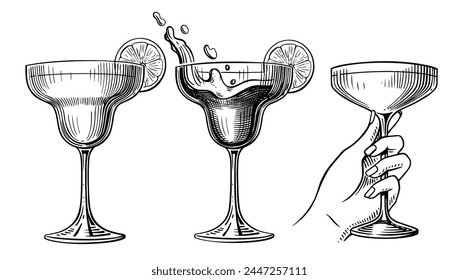 Margarita cocktail vector sketch set. Hand Drawn