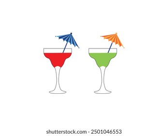 Margarita Cocktail Vector, Tropical Drinks Illustration, Cocktail Glass with Umbrella Straw for Beach Parties, Bars and Restaurants. Fruit Juice Glass Icon, Refreshing Summer Sips, Healthy Beverage.