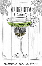 Margarita cocktail in vintage style drawing on wooden boards