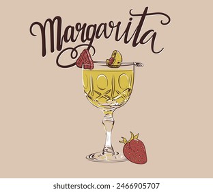 margarita cocktail vintage vector illustration, summer drinks artwork for t shirt, sticker, poster, graphic print, cocktail glass with strawberry and lemon drawing