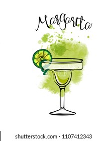 Margarita cocktail. Watercolor illustration of cocktail. Hand drawn sketch