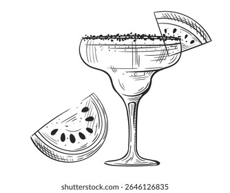 Coquetel de margarita com mão de melancia desenhada isolada em fundo branco. Esboço antigo de vidro de bebida alcoólica. Coquetel de festa. Ilustração vetorial