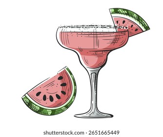 Margarita cocktail met watermeloen hand getekend op een witte achtergrond. Vintage schets van alcoholische drank glas. Kleurrijke party cocktail. Vectorillustratie