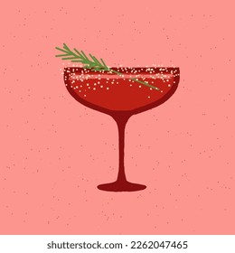 Margarita dessert glass. Cocktail drink with rosemary and salt. Red alcohol drink for events and celebrations. Wine for bar. Flat vector illustration with texture