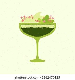 Margarita dessert glass. Cocktail drink with mint, flower and cream. Non-alcoholic drink for event and party. Smoothie green for health. Flat vector illustration with texture