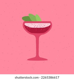 Margarita dessert glass. Cocktail drink with mint and cream. Red cocktail for event and celebration. Refreshing cocktail. Flat vector illustration with texture. Bright simple retro poster