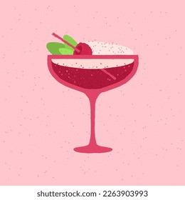 Margarita dessert glass. Non-alcoholic drink with mint and raspberry. Red alcohol drink for event and celebration. Cream cocktail. Flat vector illustration with texture. Flat retro style