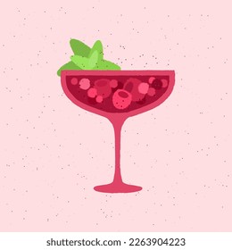 Margarita dessert glass. Non-alcoholic drink with mint, raspberry and berries. Red cocktail for event and celebration. Flat vector illustration with texture. Simple retro poster