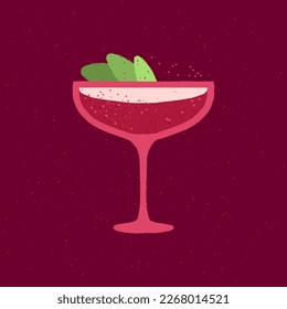 Margarita dessert glass. Non-alcoholic drink with mint and cream. Red cocktail for event and celebration. Flat vector illustration with texture. simple retro poster