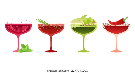 Margarita dessert glass set. Alcohol drink with mint and berries and red pepper. Red cocktail for event and celebration. Flat vector illustration with texture and gradient