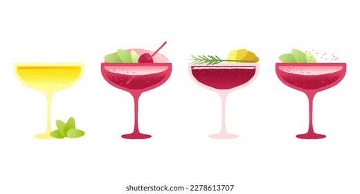 Margarita dessert glass set. Alcohol drink with berries and mint. Red cocktail for event and celebration. Flat vector illustration with texture and gradient