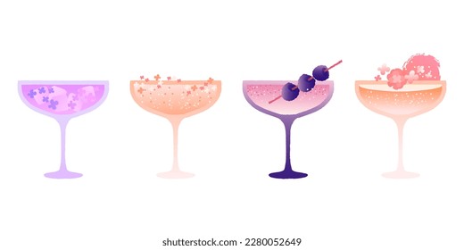 Margarita dessert glass set. Alcohol drink with flowers and ice cubes. Refreshing cocktail for event and celebration. Flat vector illustration with texture and gradient