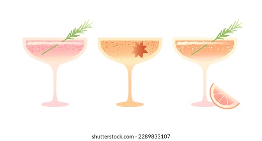Margarita dessert glass set. Alcohol drink with rosemary, anise and grapefruit. spiced drink. Refreshing pink cocktail for bar. Flat vector illustration with texture and gradient