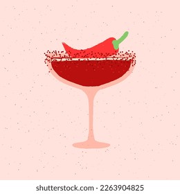 Margarita dessert glass. Spicy drink with red pepper and salt. Red cocktail for event and celebration. Flat vector illustration with texture. Simple retro poster