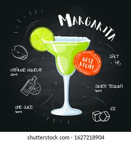 Margarita. Drawn cocktail - instruction for making a drink at the bar. Image in a cartoon style  on a black chalkboard with a set of ingredients. Vector illustration