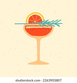 Margarita drink glass. Cocktail drink glass with grapefruit and rosemary. Aperol drink for bar and party. Flat vector illustration with texture. Minimalist bright retro poster