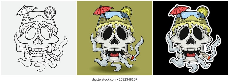 Margarita Drink Inside Skull Head With Smoking Character Cartoon. Black White, Colorful and Sticker Style. For T shirt print, Brand Logo, Label and Mascot product. Vectors Illustrations