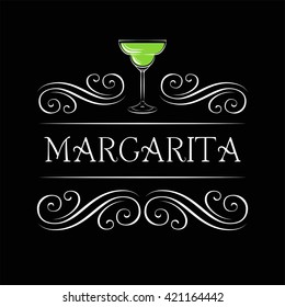 Margarita, Drinking Glass, Cocktail, Vector. Vintage filigree frame. Swirl scroll element. 
