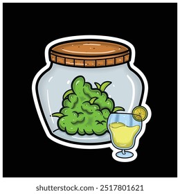 Sabor de Margarita con la mascota de la historieta de Weed Bud en el tarro. Para pegatina y etiqueta. Vector e ilustración.