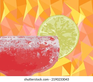 Margarita fresh drink vector watercolor. Cold ice cocktail and lime slice on blue background