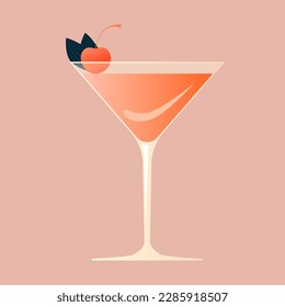 Margarita glass. Cocktail drink with a cherry and mint leaves. Cold drink for bar and party. Rose wine for event. Flat vector illustration with texture. simple retro cocktail poster