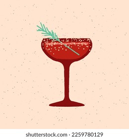 Margarita glass. Cocktail drink with rosemary and salt. Red alcohol drink for event and celebration. Wine for bar. Flat vector illustration with texture