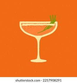 Margarita glass. Cocktail drink glass with tarragon. Bellini alcohol drink for weekend and party. Flat vector illustration with texture. Minimalist retro poster