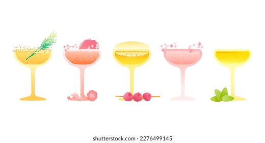 Margarita glass cocktail set. Vector gradient flat illustration with texture. Drinks with berries, mint leaves, citrus and rosemary. Alcohol drinks for bar and events. Refreshing liquid