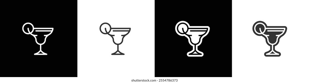 Margarita glass icons. Classic alcoholic cocktail and cocktail glass thin line and flat icon. Cocktail glass vector illustration symbols in black white and transparent background.