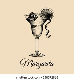 Margarita glass isolated. Hand drawn sketch of traditional cocktail with slice of lime and ice for restaurant, bar, cafe menu design. Alcoholic drink logo.