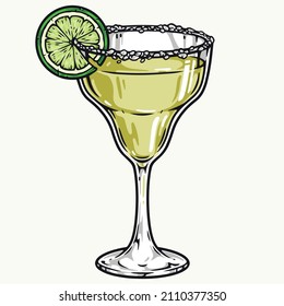 Margarita glass with lime slice and salt on rim, isolated vector illustration