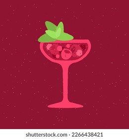 Margarita glass. Non-alcoholic drink with mint, raspberry and berries. Red cocktail for event and celebration. Berry cocktail. Flat vector illustration with texture. Simple bright retro poster