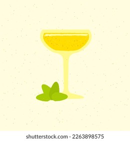 Margarita glass. Refreshing cocktail with mint and citrus. Yellow summer drink for bar and party. Flat vector illustration with texture. simple retro poster