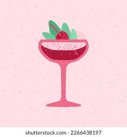 Margarita glass. Refreshing drink with mint and raspberry. Red alcohol drink for event and celebration. Cream cocktail. Flat vector illustration with texture. Bright simple retro style