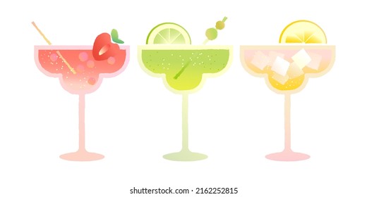 Margarita glass set. Alcoholic refreshing summer drinks. Strawberry alcoholic cocktail in glass. Daiquiri drink and lime slice. Cosmopolitan with lemon and ice. Flat vector illustration with gradient