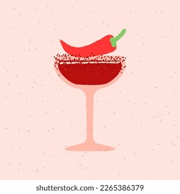 Margarita glass. Spicy drink with red pepper and salt. Red cocktail for event and celebration. Cocktail garnished with sprinkles. Flat vector illustration with texture. Simple retro poster