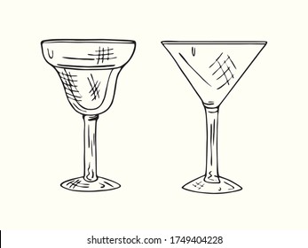 Margarita glass (welled) and cocktail glass (martini) isolated collection, outline simple doodle drawing, gravure style, design element