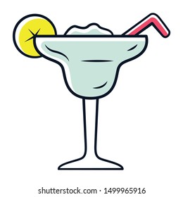 Margarita grey color icon. Footed glass with icy drink, lemon slice, straw. Cocktail with tequila, liqueur, lime juice. Summer cold refreshing beverage for party. Isolated vector illustration